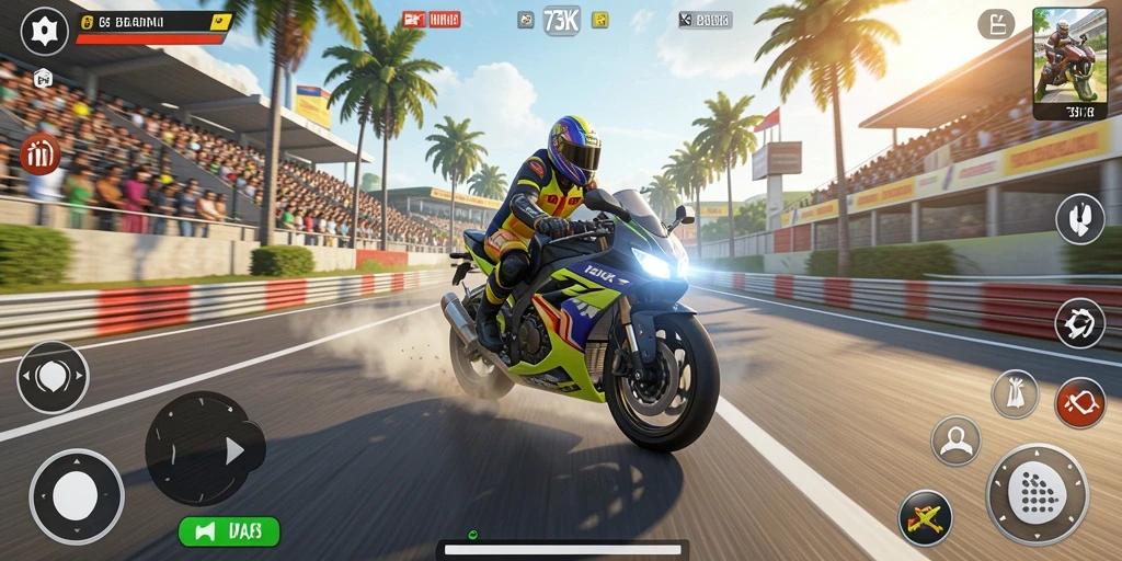 Tampilan gameplay 73K dengan aksi balapan motor yang mendebarkan.