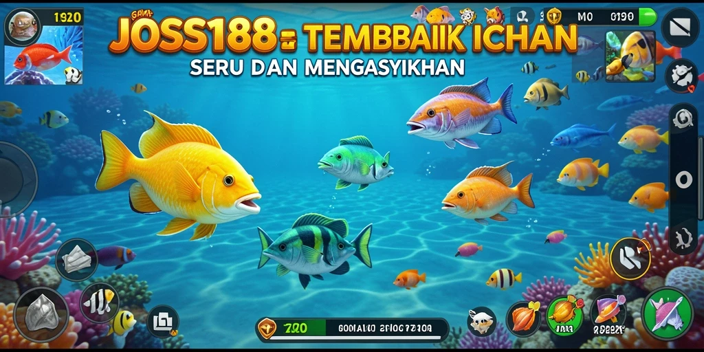 Tangkapan layar gameplay seru di JOSS188, menembak ikan berwarna-warni.